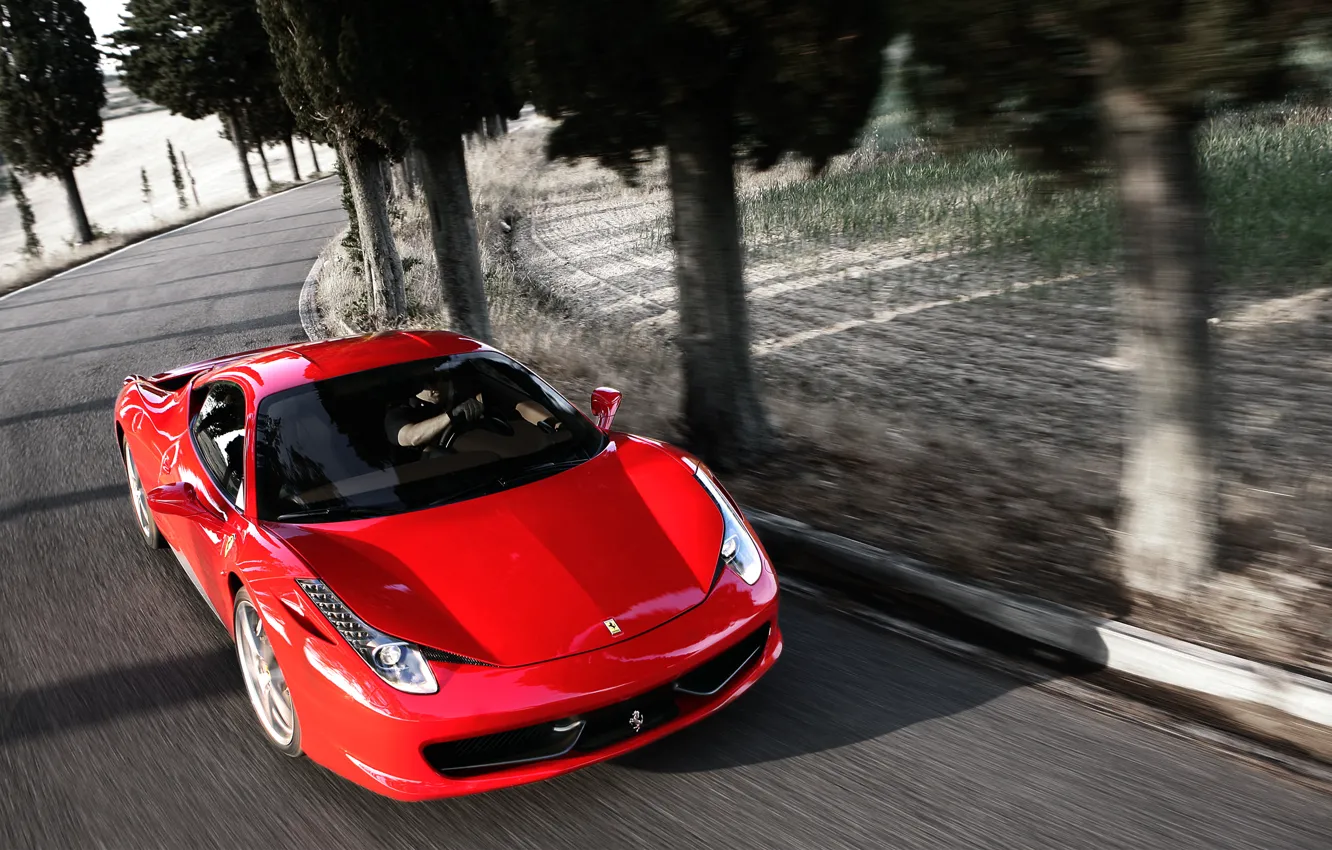 Фото обои Красный, Авто, Дорога, Феррари, Асфальт, Капот, Ferrari, 458