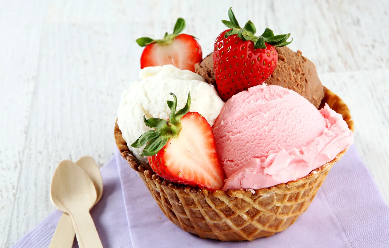Фото обои клубника, мороженое, десерт, сладкое, вафля, sweet, strawberry, dessert