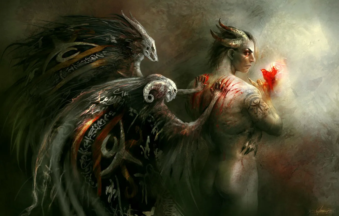 Фото обои кровь, спина, демон, рога, царапины, наказание, Kirsi Salonen, огненная птица
