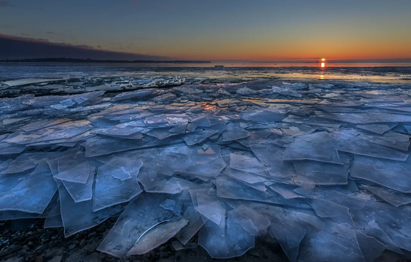 Фото обои солнце, берег, лёд, горизонт