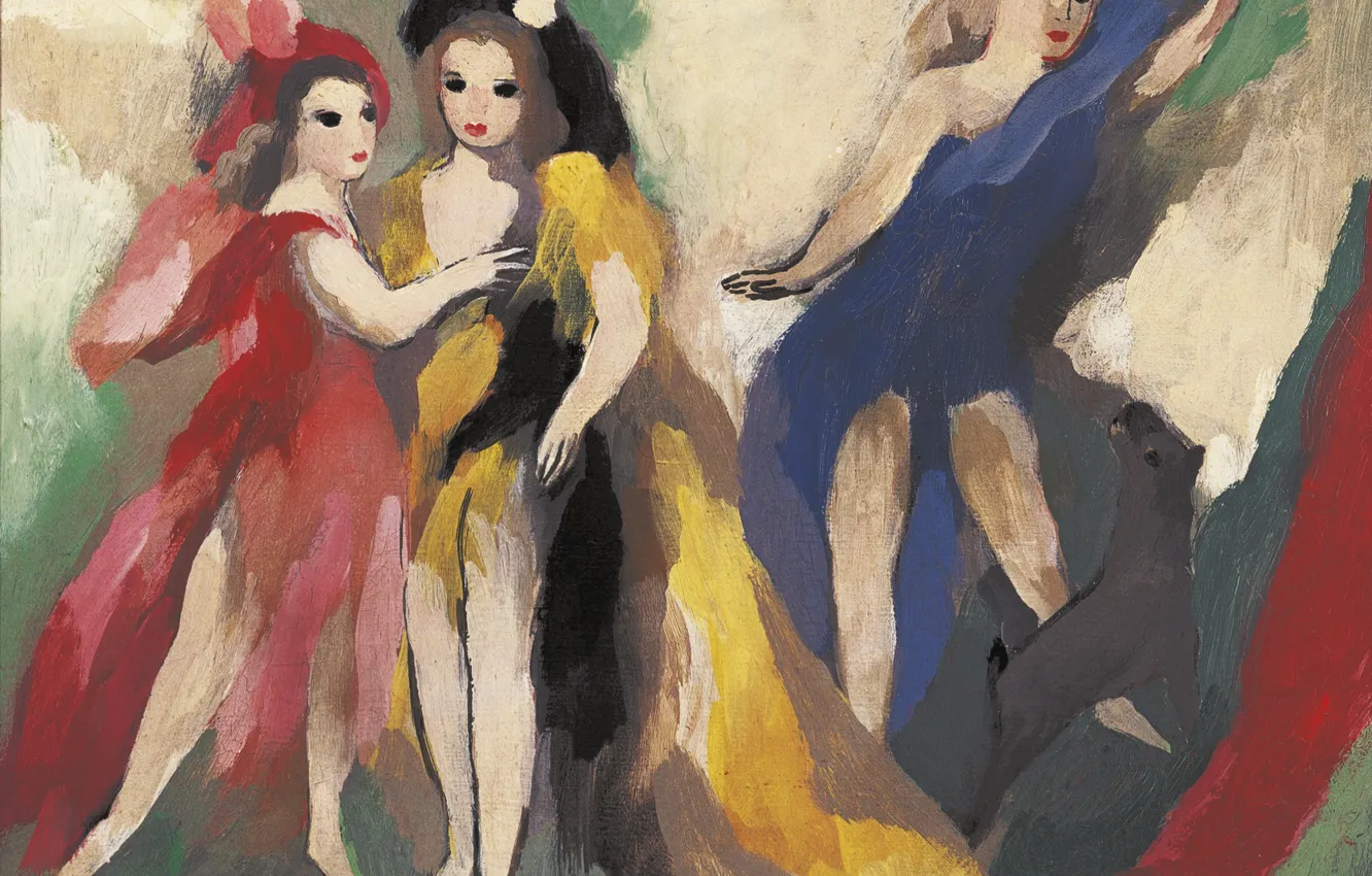 Фото обои красное платье, синие платье, Модерн, Три девушки, Marie Laurencin, жёлто-чёрное платье