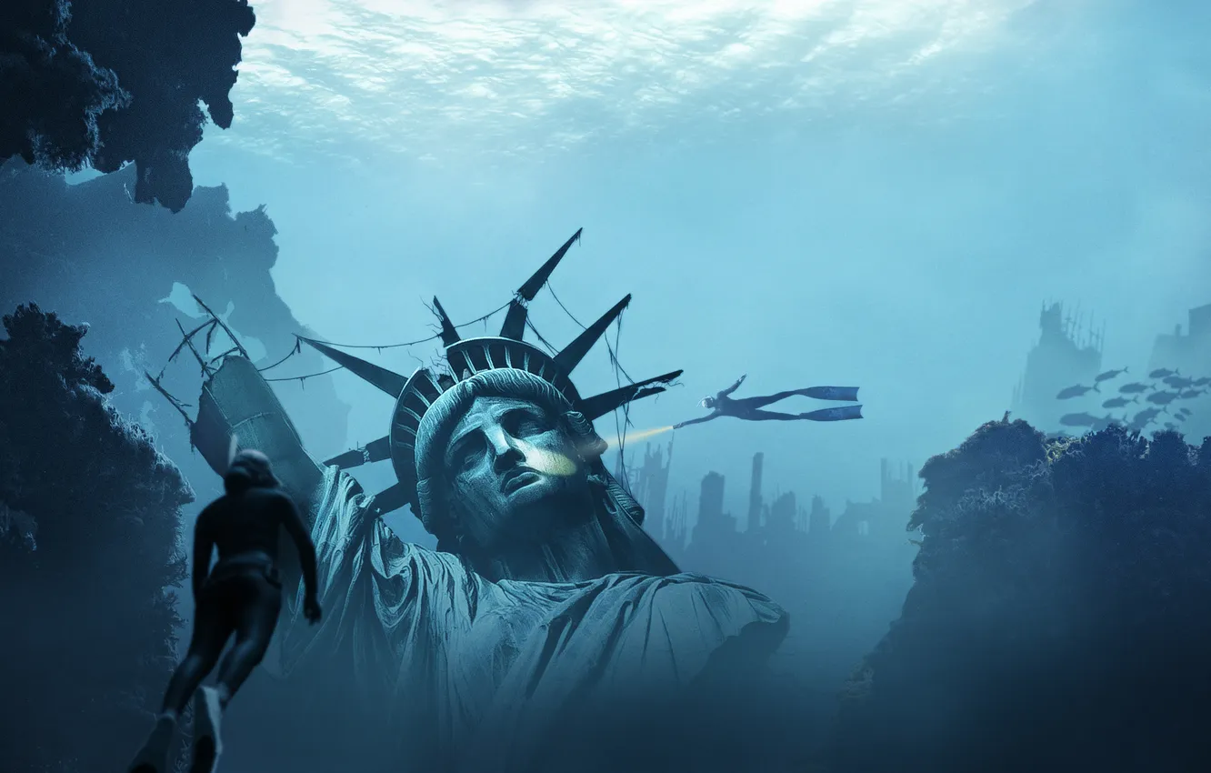 Фото обои Вода, Статуя, США, Статуя Свободы, United States, Цифровое искусство, Пост-апокалипсис, The Statue of Liberty