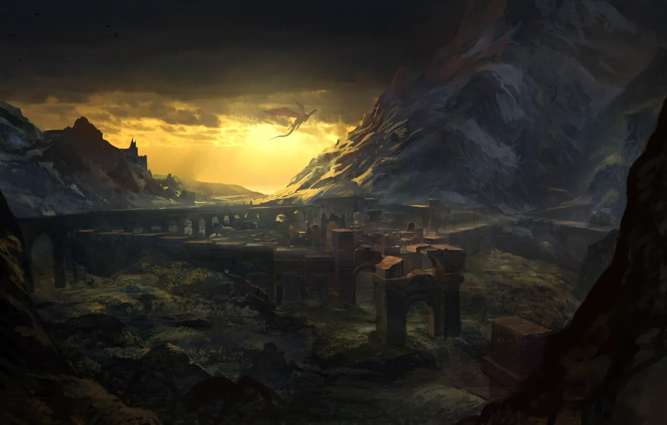 Фото обои пейзаж, горы, скалы, дракон, руины, арки, the witcher 2, ведьмак 2