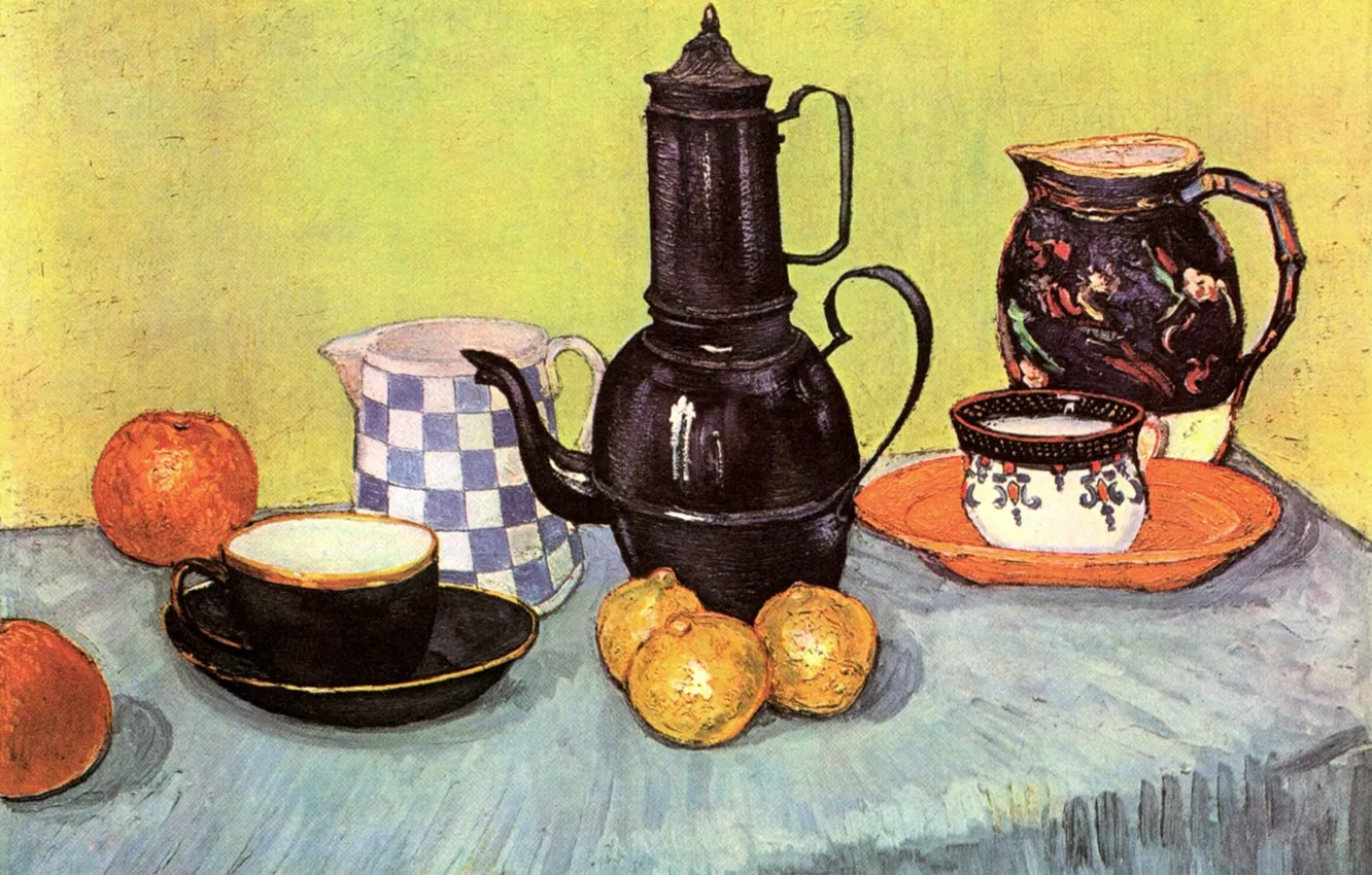 Фото обои стол, яблоки, чайник, лимоны, Vincent van Gogh, Earthenware and Fruit, Still Life Blue Enamel Coffeepot