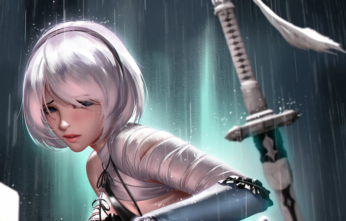 Фото обои взгляд, дождь, блондика, боке, YoRHa No.2 Type B, фэнтези арт, 2b Nier Automata, эфес меча