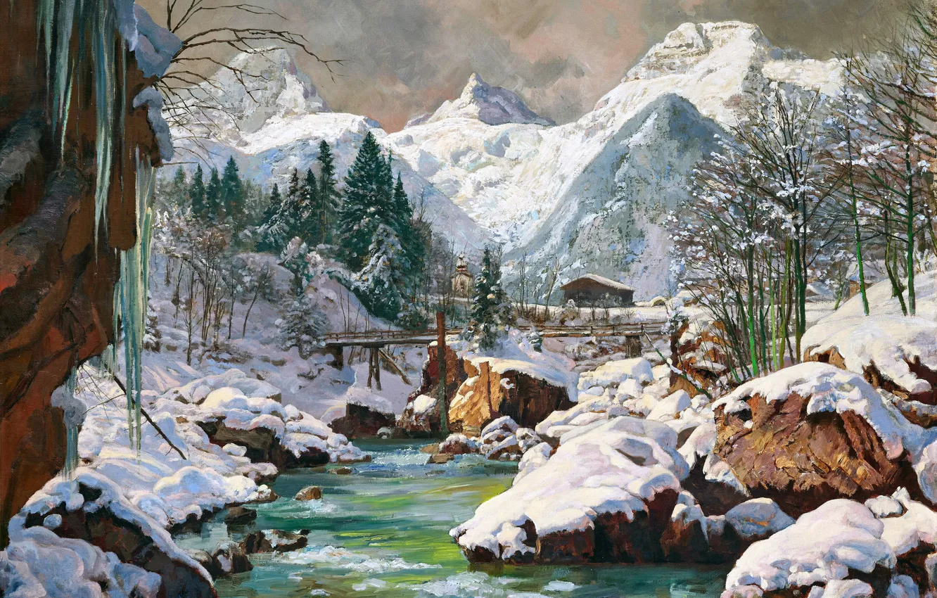 Фото обои Дома, Зима, Горы, Деревья, Снег, Картина, Речка, Alois Arnegger