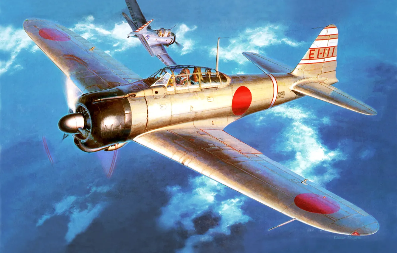 Фото обои небо, рисунок, арт, американский, самолёты, японский, воздушный бой, палубный