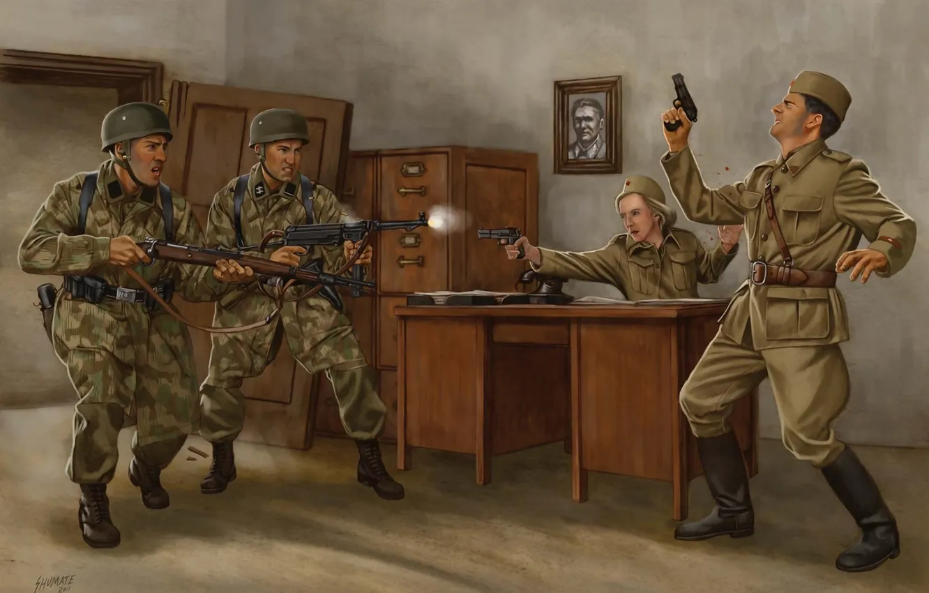 Фото обои оружие, рисунок, арт, солдаты, перестрелка, вторжение, Великая отечественная война