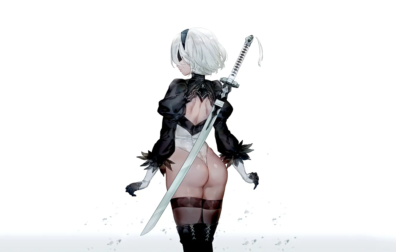 Фото обои sword, ass, weapon, thong, white background, rear view, Nier Automata