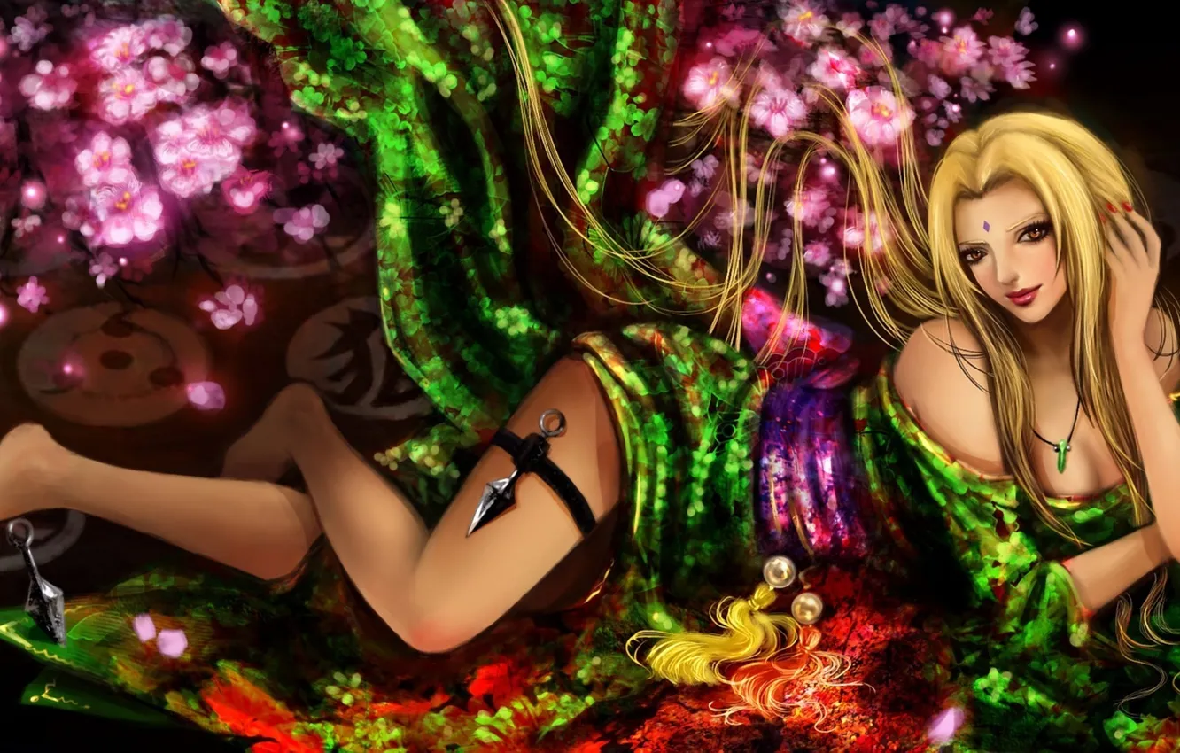 Фото обои девушка, цветы, оружие, сакура, арт, лежа, RikaMello, NARUTO