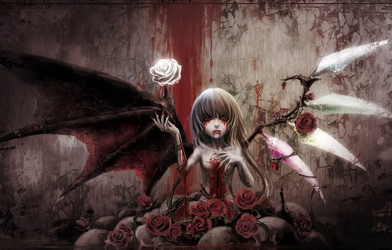 Фото обои девушка, кровь, розы, крылья, шипы, вампир, Touhou