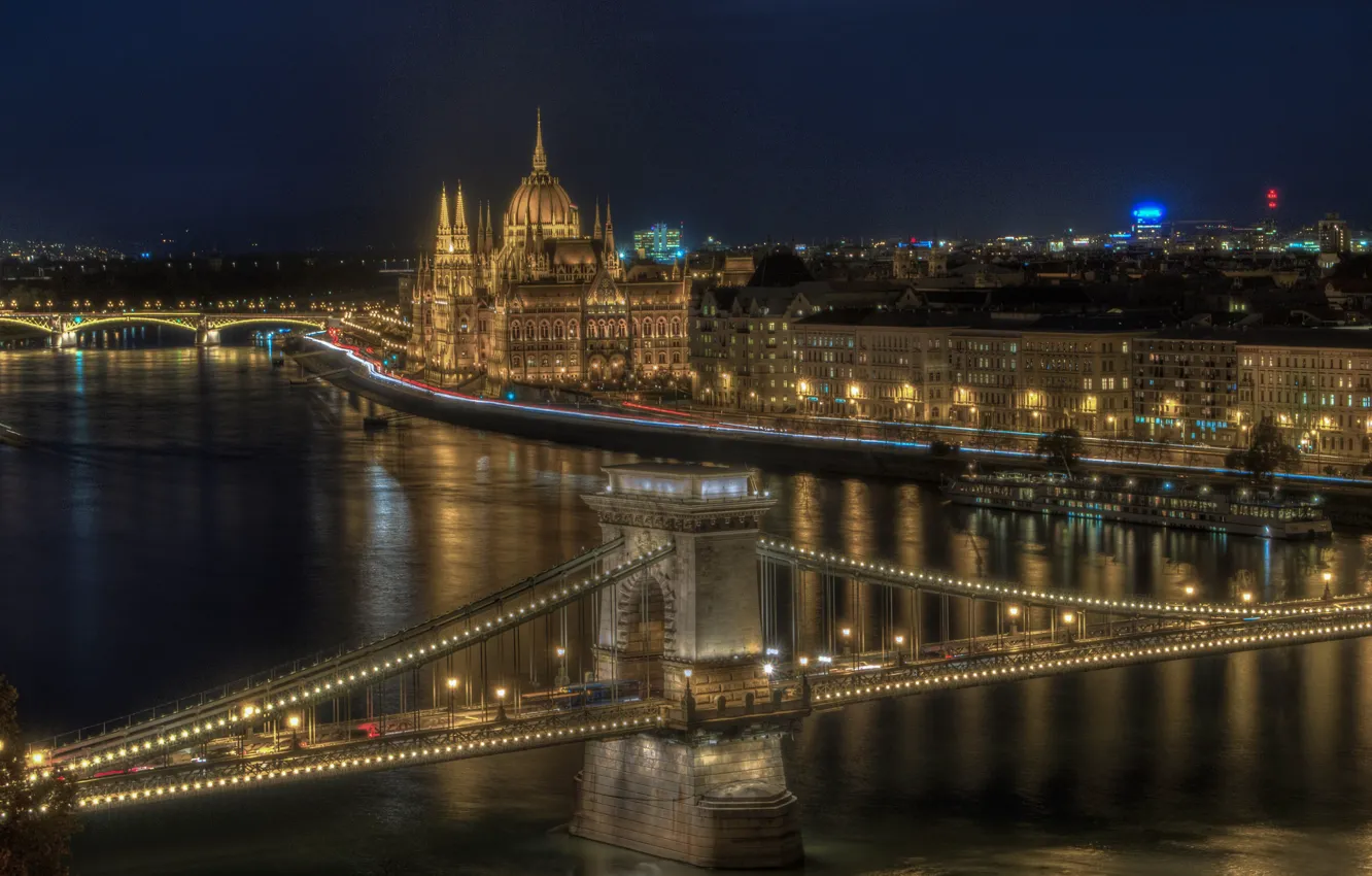 Фото обои река, здания, мосты, ночной город, набережная, Венгрия, Hungary, Будапешт