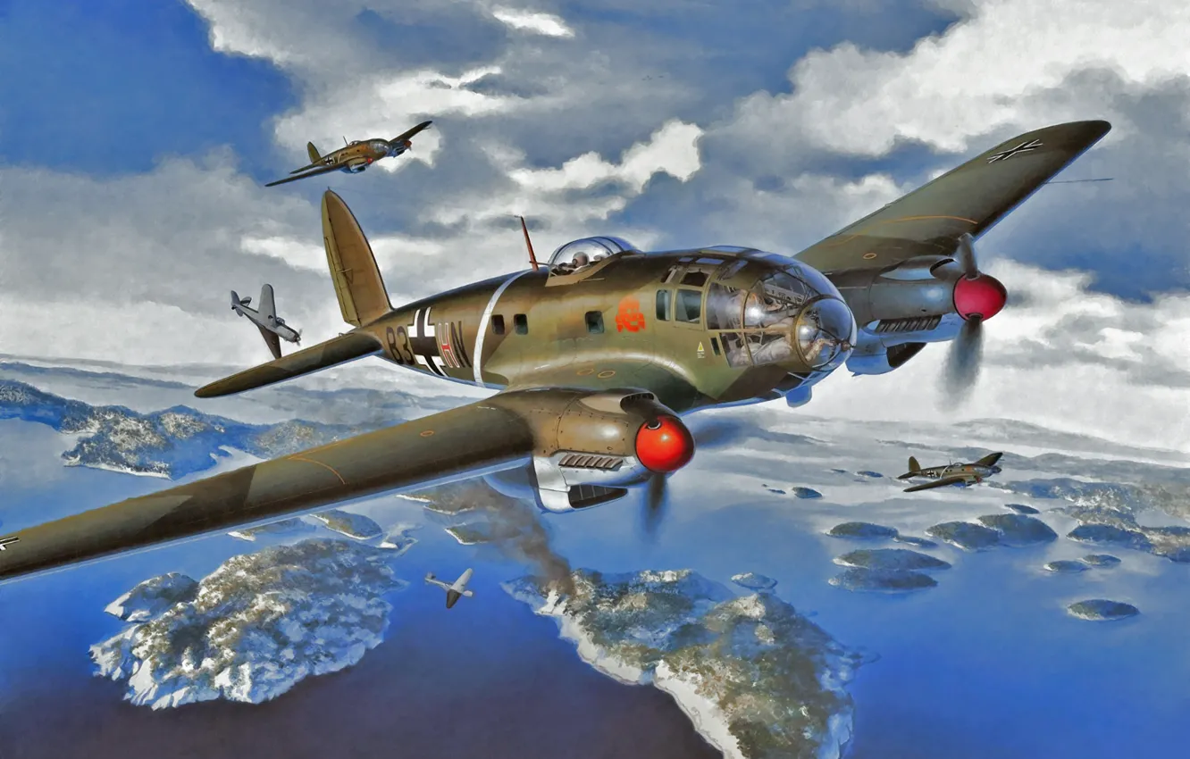Фото обои bomber, art, airplane, painting, aviation, Heinkel He 111, ww2.war