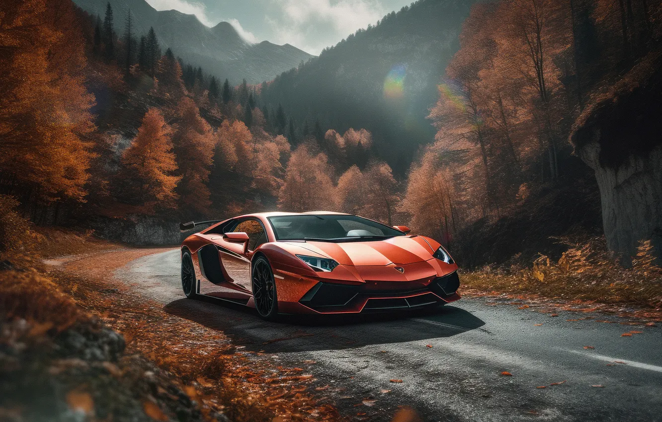 Фото обои Cars, Lamborghini Aventador, Roadway, AI art, Autumn background, Orange aesthetic, Autumn Scenery