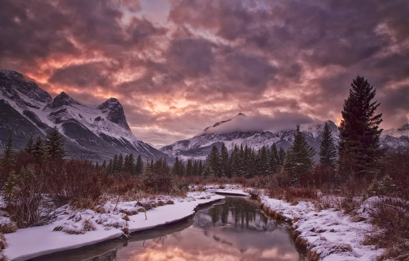 Фото обои зима, небо, облака, снег, деревья, горы, река, вечер