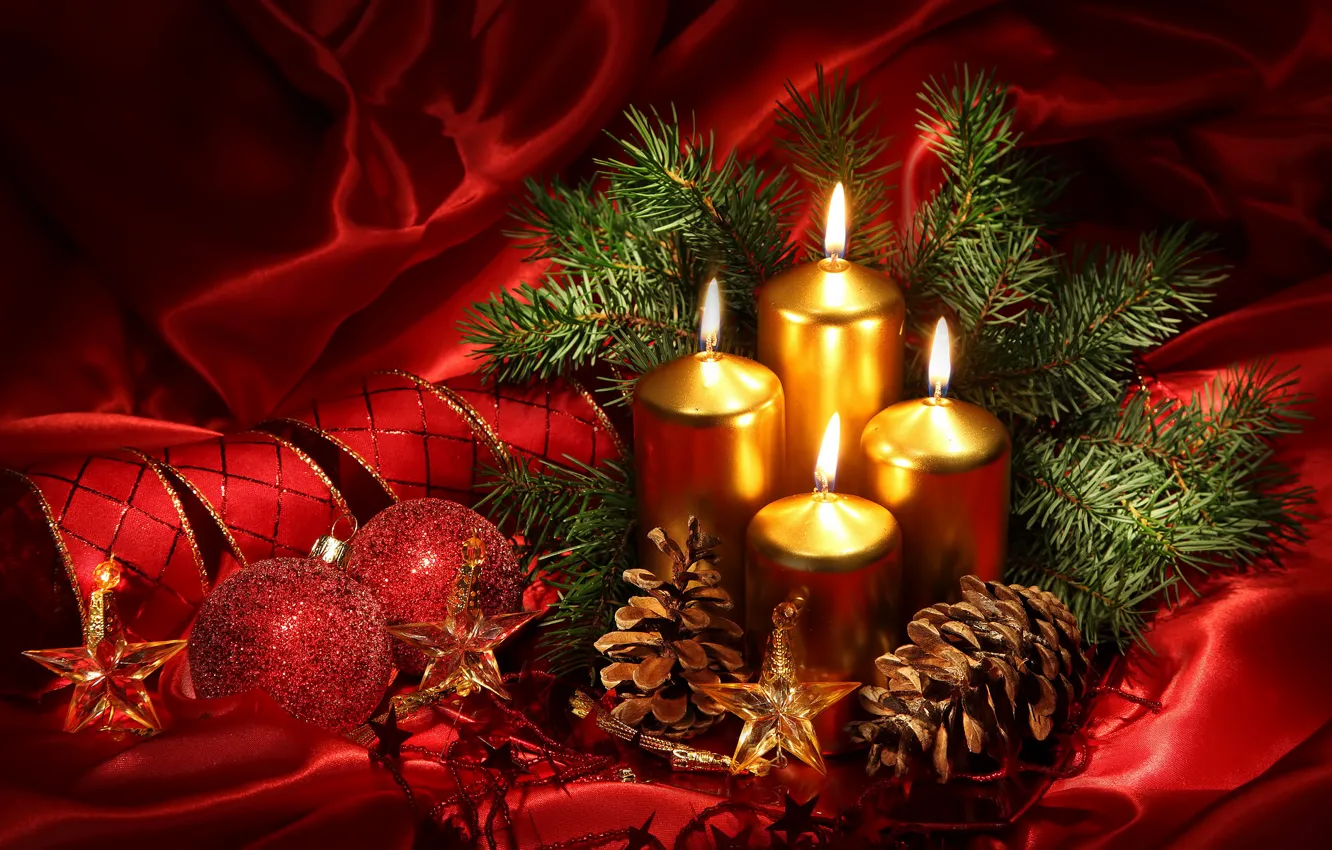 Фото обои украшения, красный, огонь, шары, звёзды, Свечи, Рождество, лента