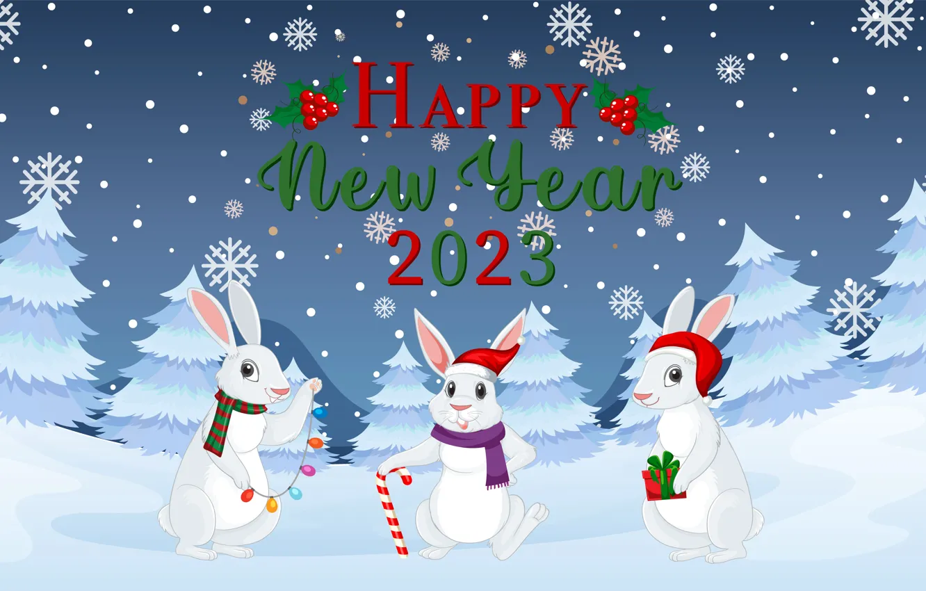 Фото обои зима, лес, снег, снежинки, поза, рисунок, графика, новый год