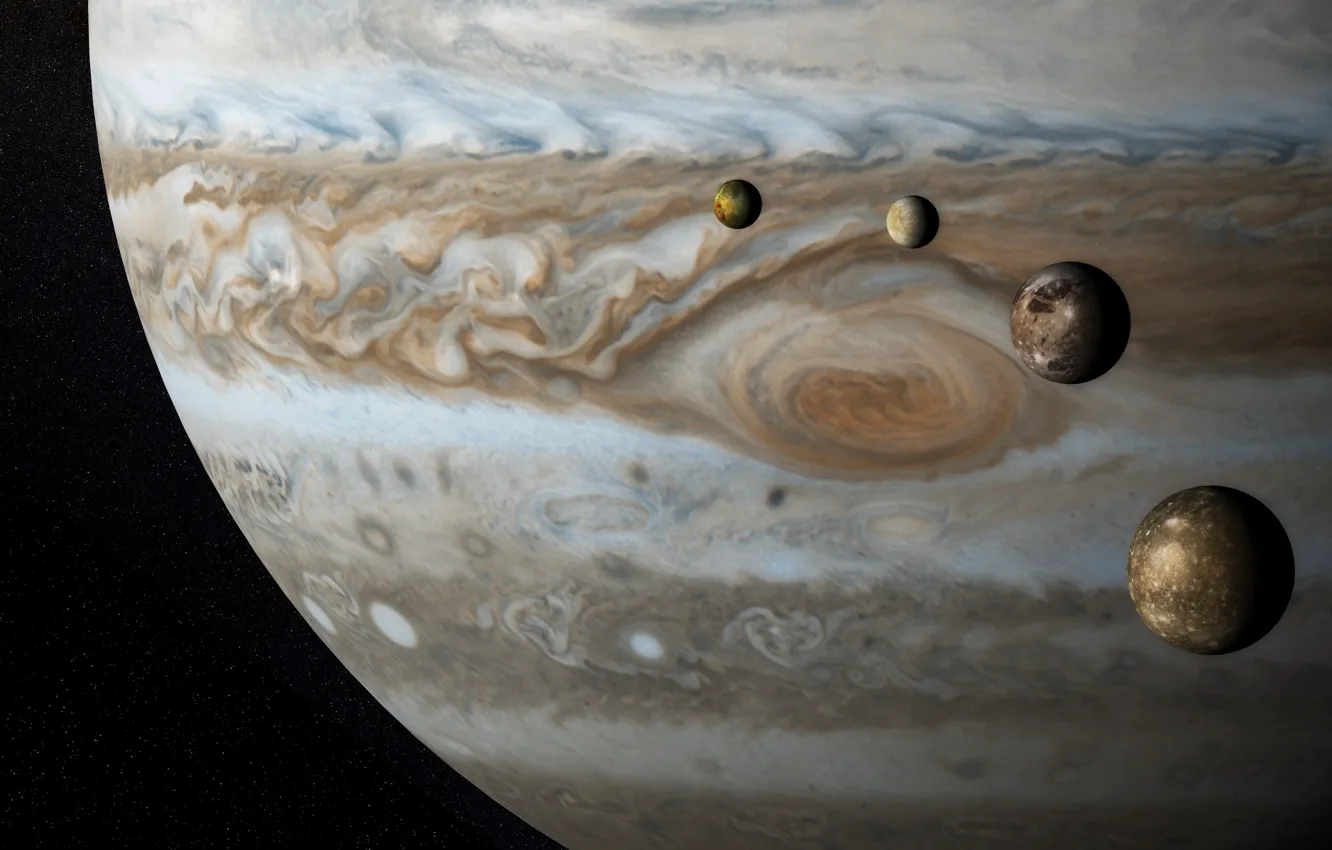 Фото обои планета, Европа, Юпитер, спутники, Ганимед, Каллисто