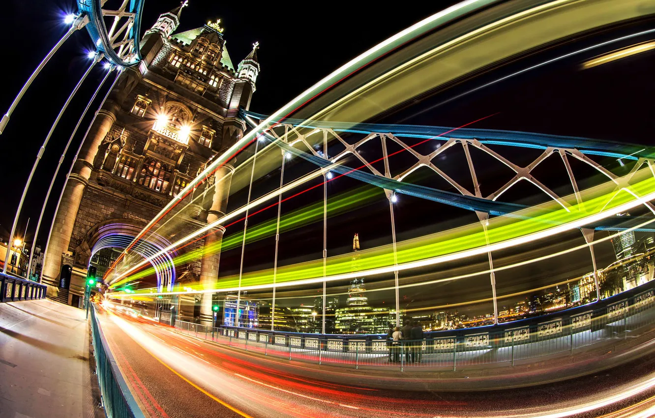 Фото обои свет, ночь, city, огни, Лондон, выдержка, Великобритания, Тауэрский мост