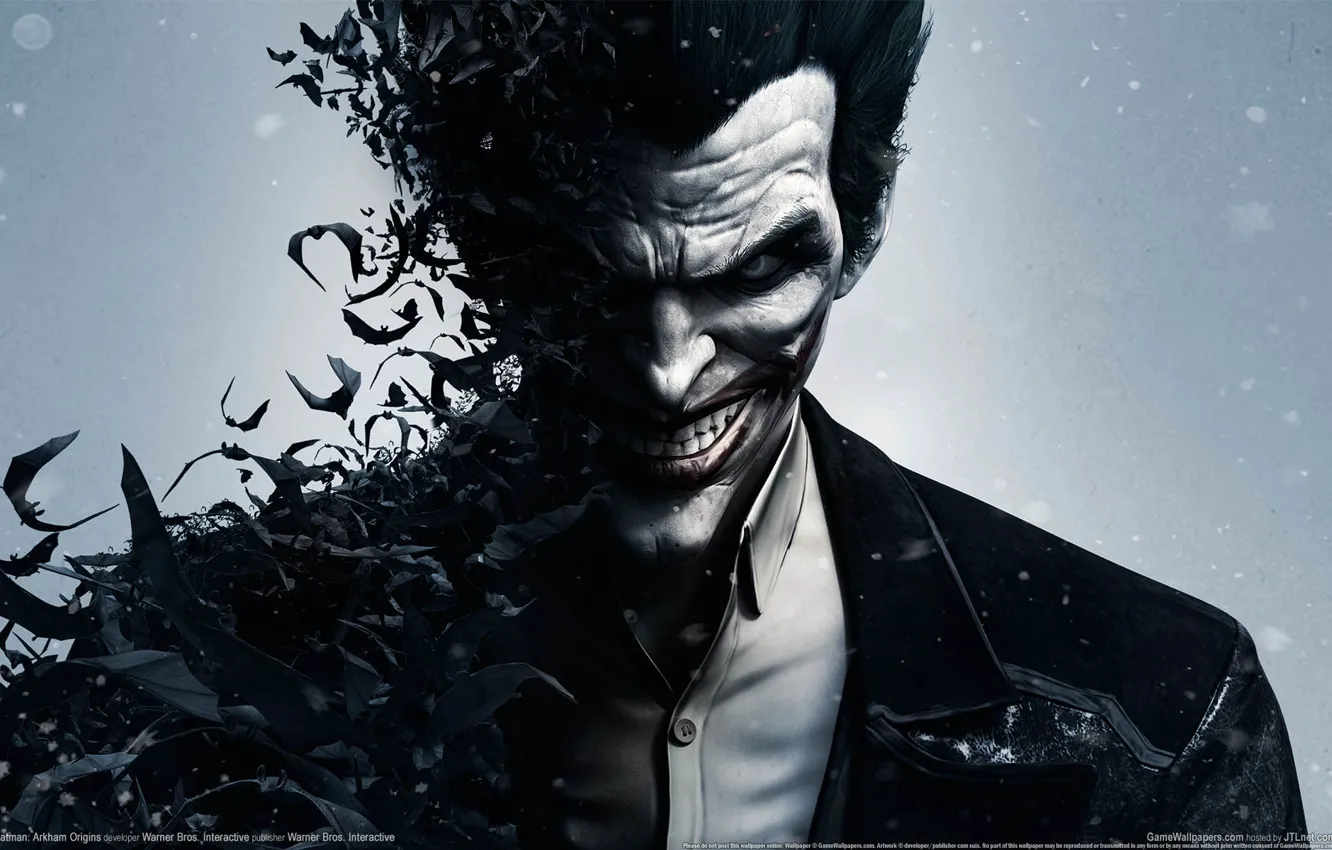 Фото обои улыбка, зубы, Джокер, злодей, рубашка, летучие мыши, GameWallpapers, Joker