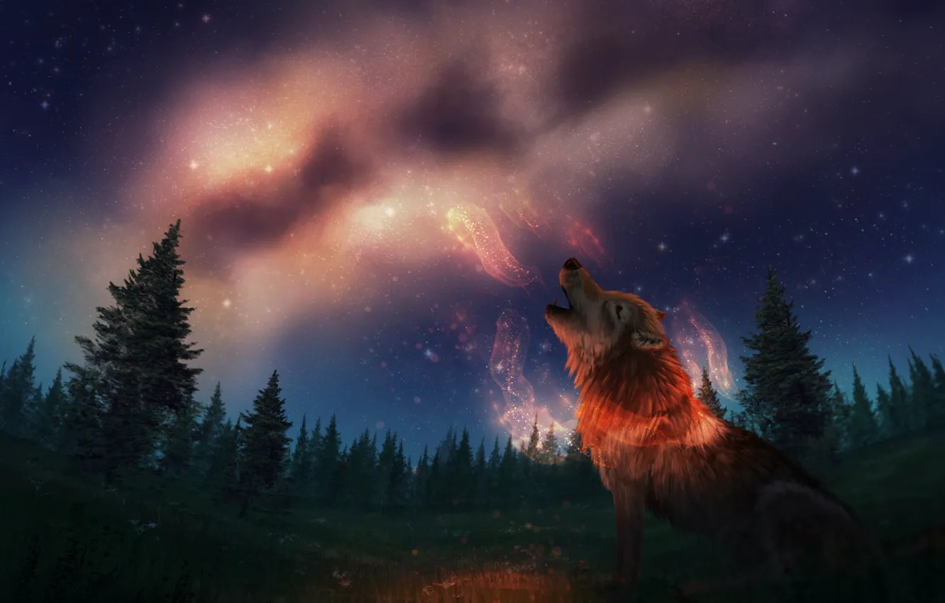 Фото обои ночь, природа, волк, фэнтези, млечный путь, воет, by CreeperMan0508