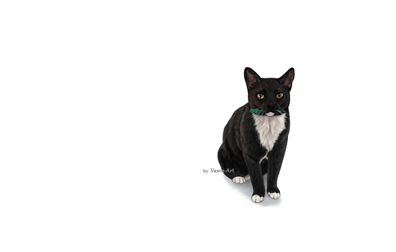 Фото обои белый фон, черная кошка, держит в зубах, by Vawieart