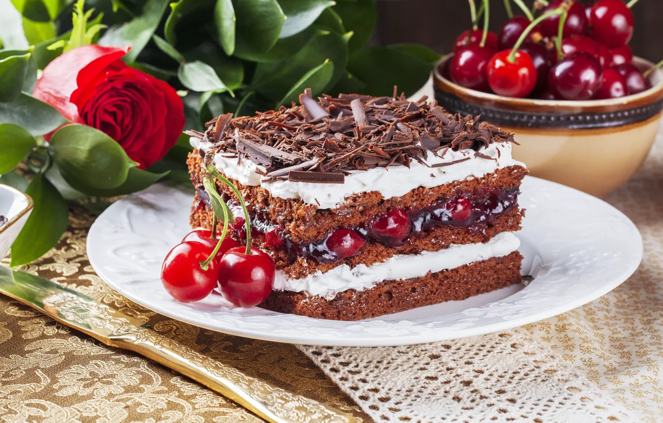 Фото обои вишня, ягоды, роза, шоколад, торт, десерт, сладкое, chocolate
