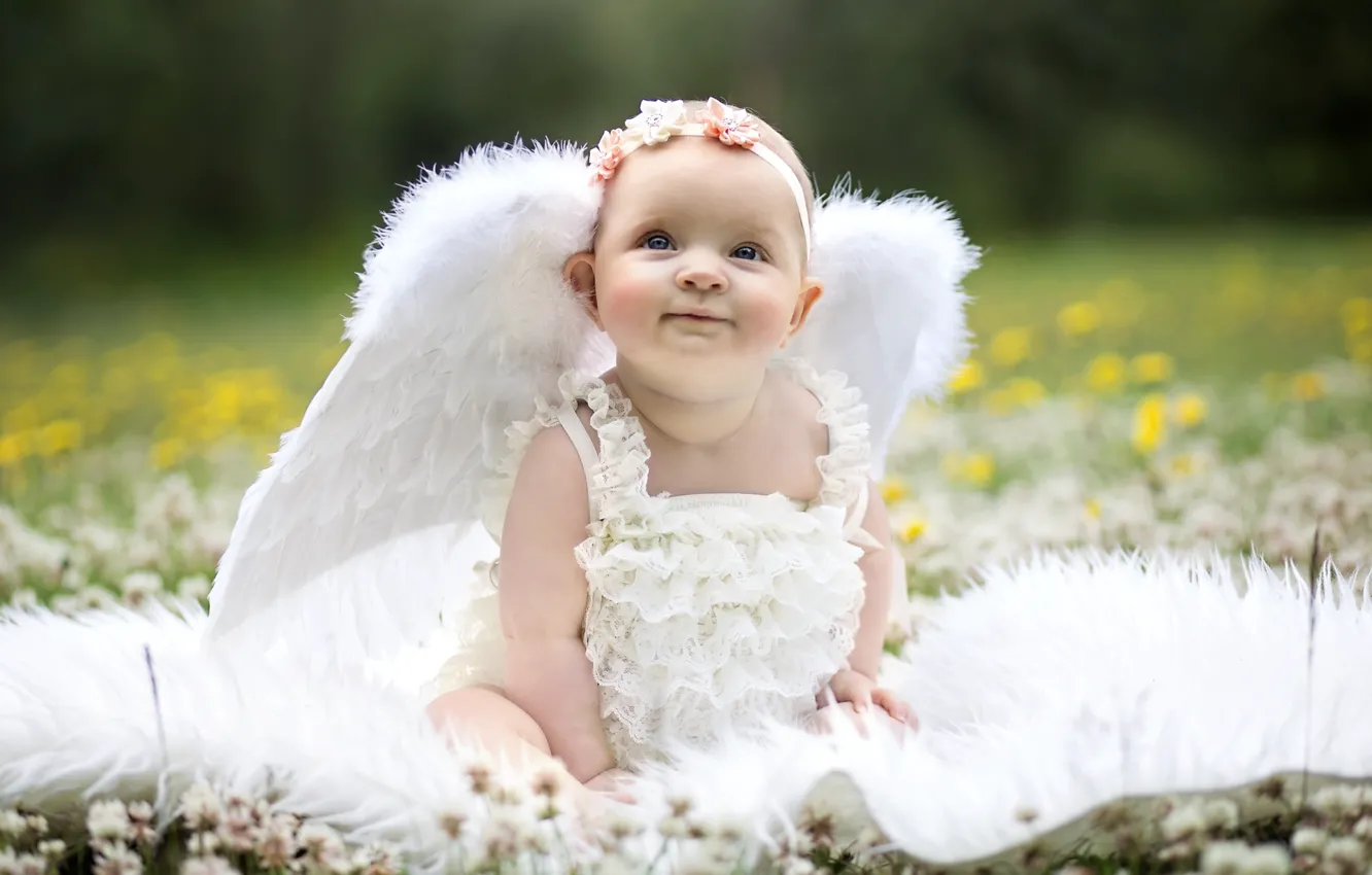 Фото обои крылья, ангел, девочка, малышка, веночек, забавная