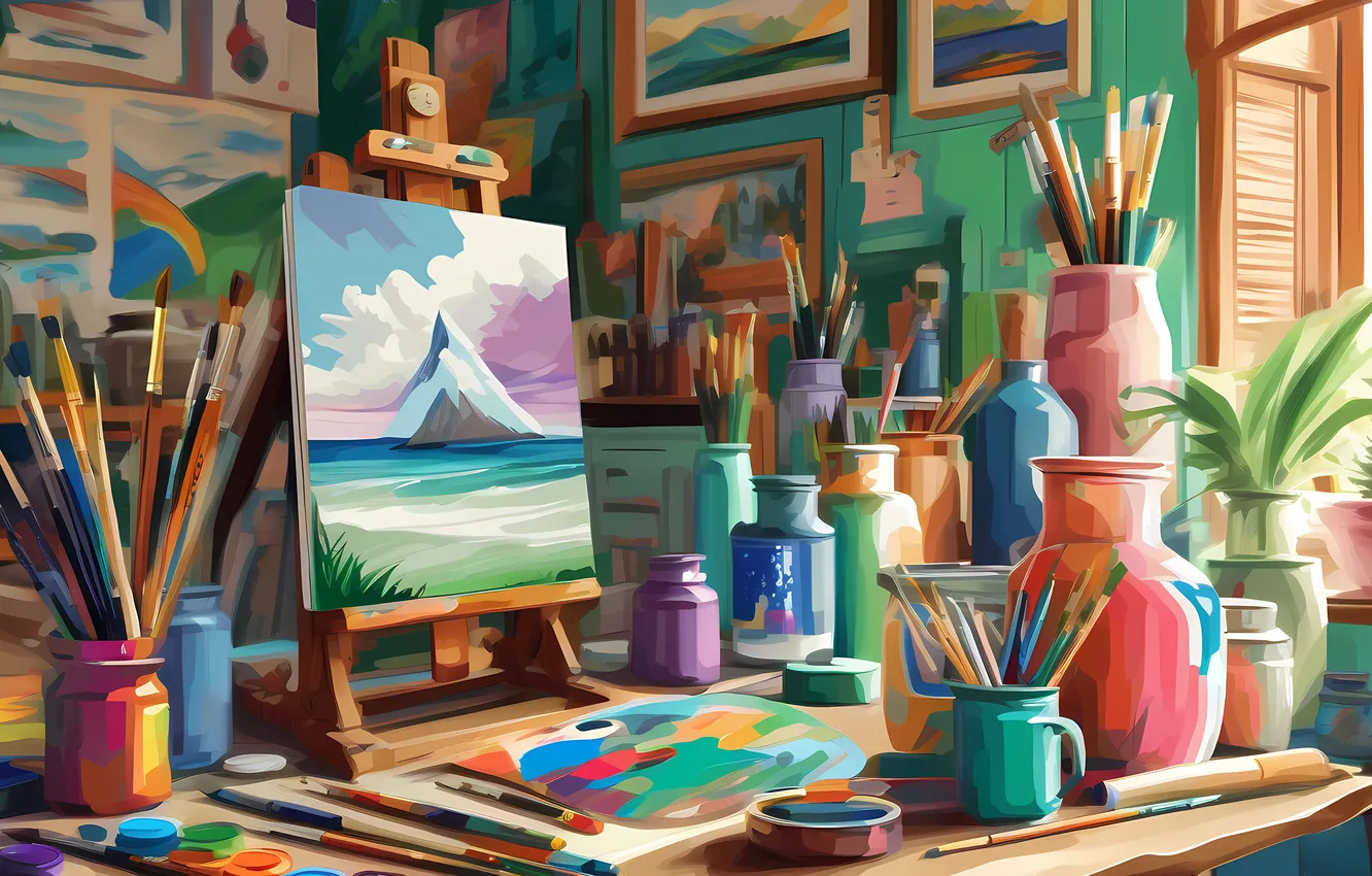 Фото обои house, brushes, easel