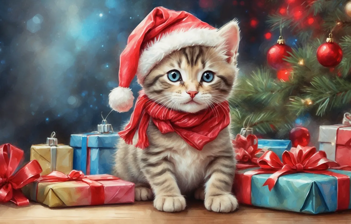 Фото обои кошка, взгляд, шарики, ветки, поза, котенок, рисунок, котик