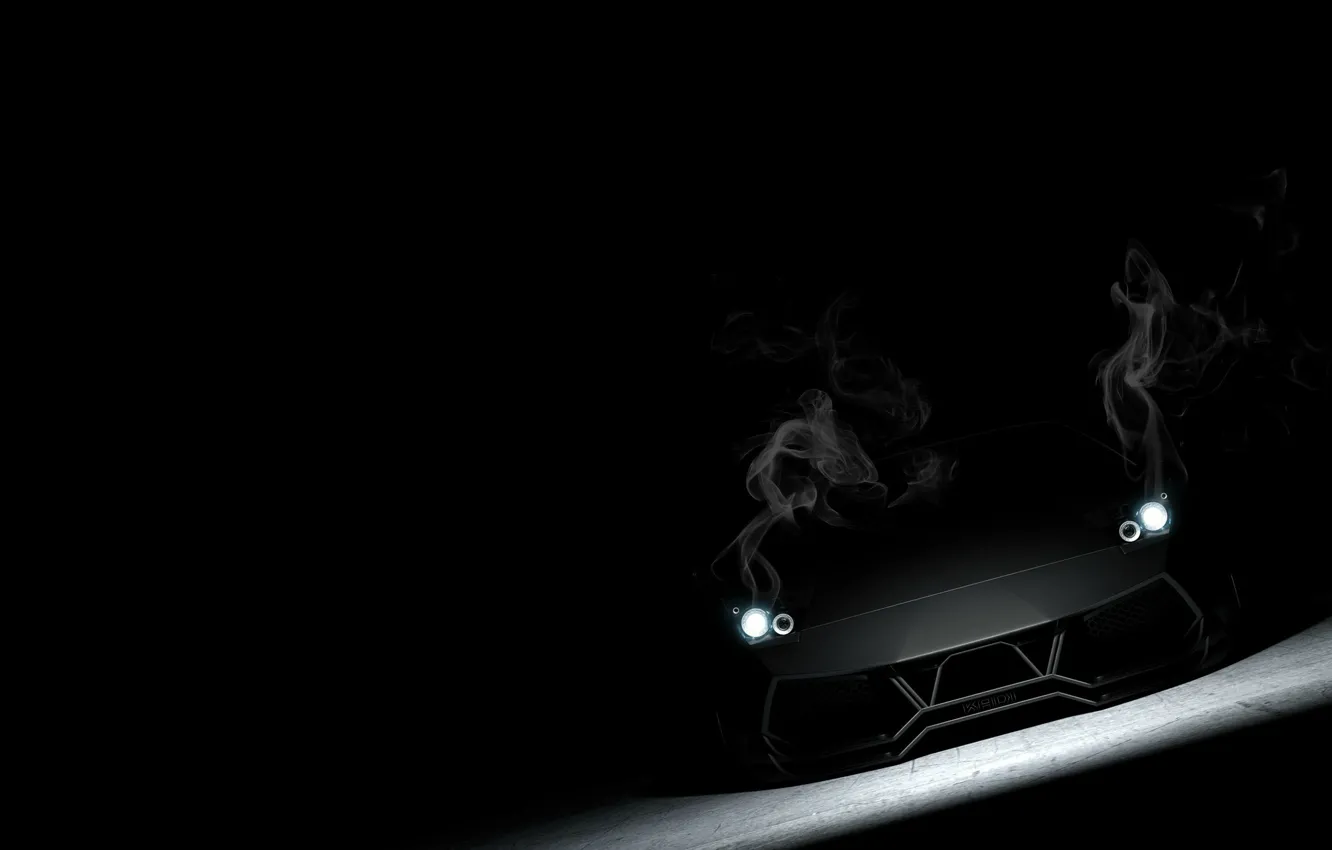 Фото обои чёрный, дым, Lamborghini, матовый, black, ламборджини, Murcielago, front