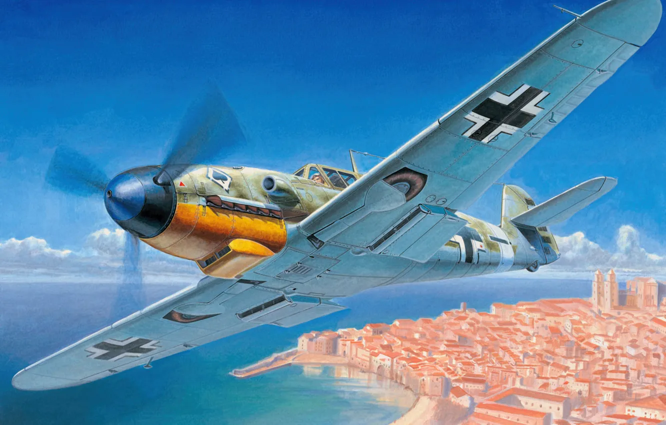 Фото обои war, art, painting, aviation, ww2, Messerschmitt Bf-109