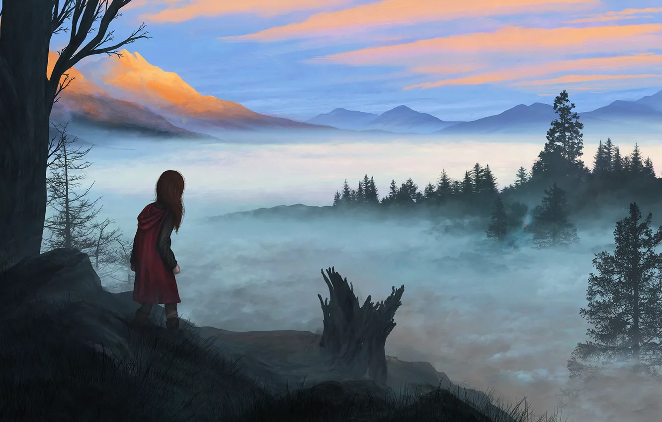 Фото обои Девушка, Горы, Туман, Гора, Лес, Girl, Рассвет, Пейзаж