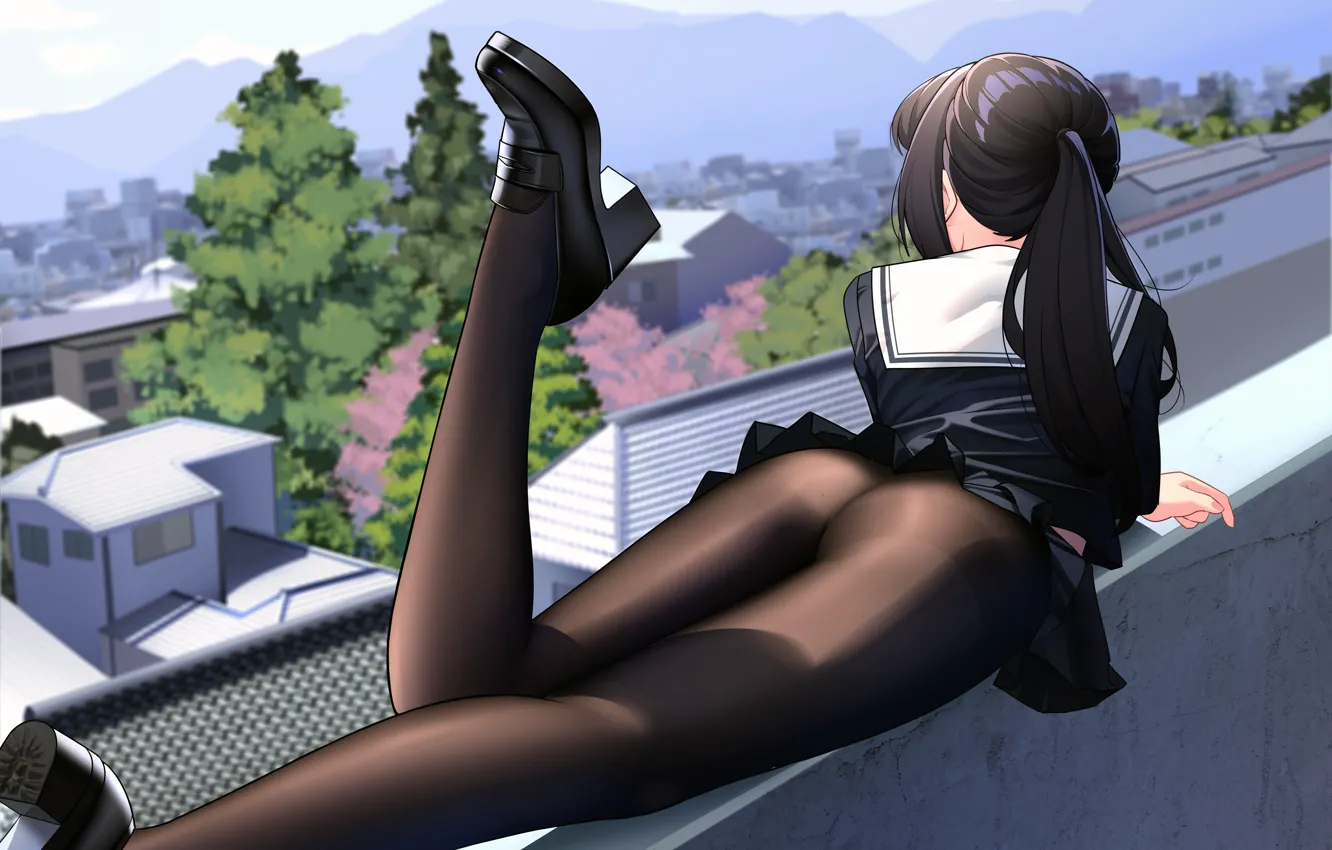 Фото обои shoes, upskirt, pantyhose, tights, uniform, rooftop, anime girl, high school girl