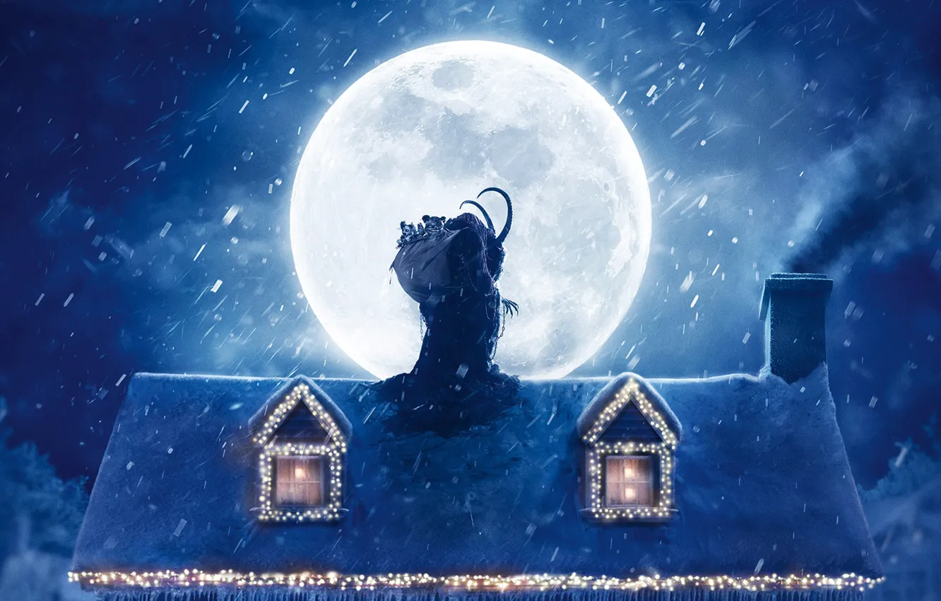 Фото обои крыша, снег, украшения, ночь, дом, луна, игрушки, дым