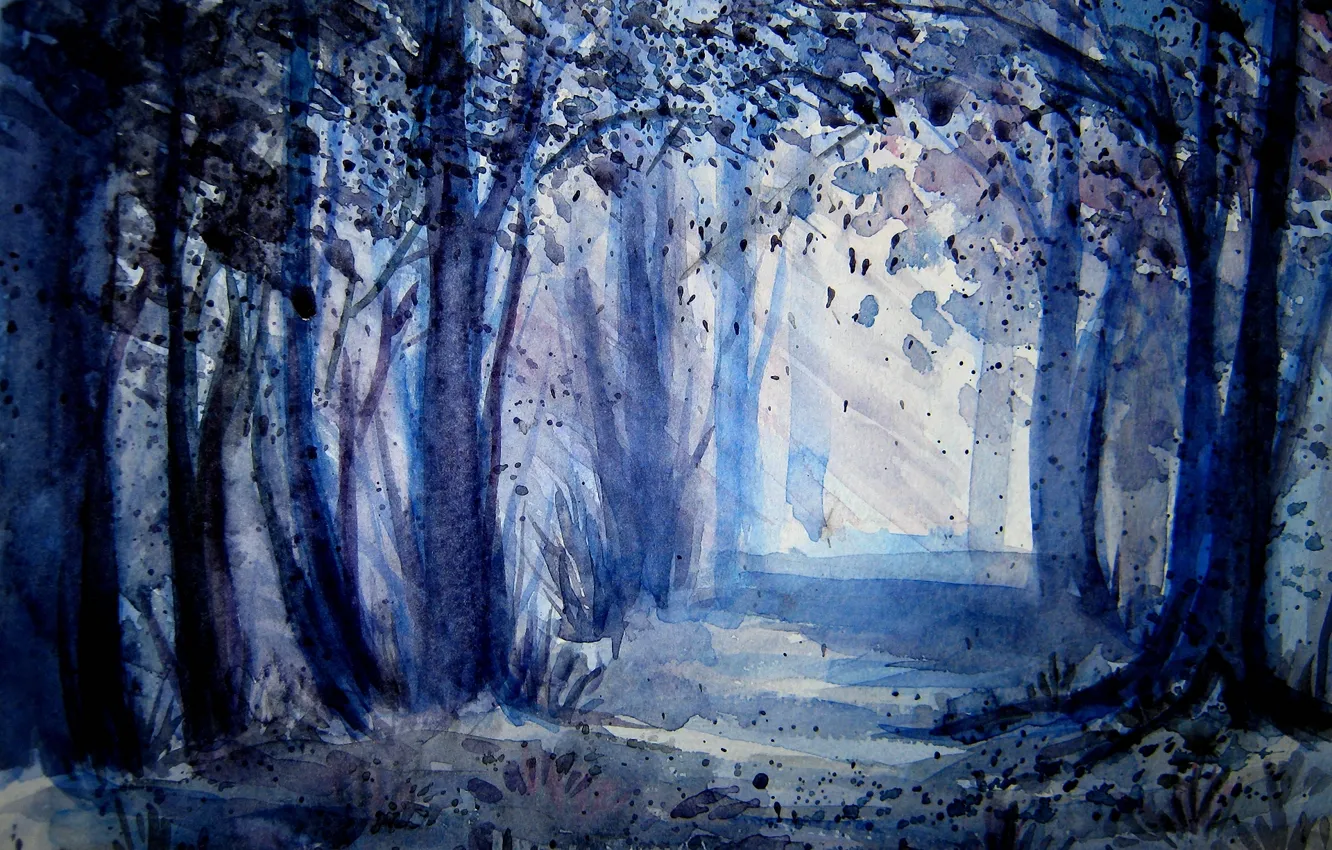 Фото обои лес, лучи, деревья, акварель, полумрак, просвет, нарисованный пейзаж