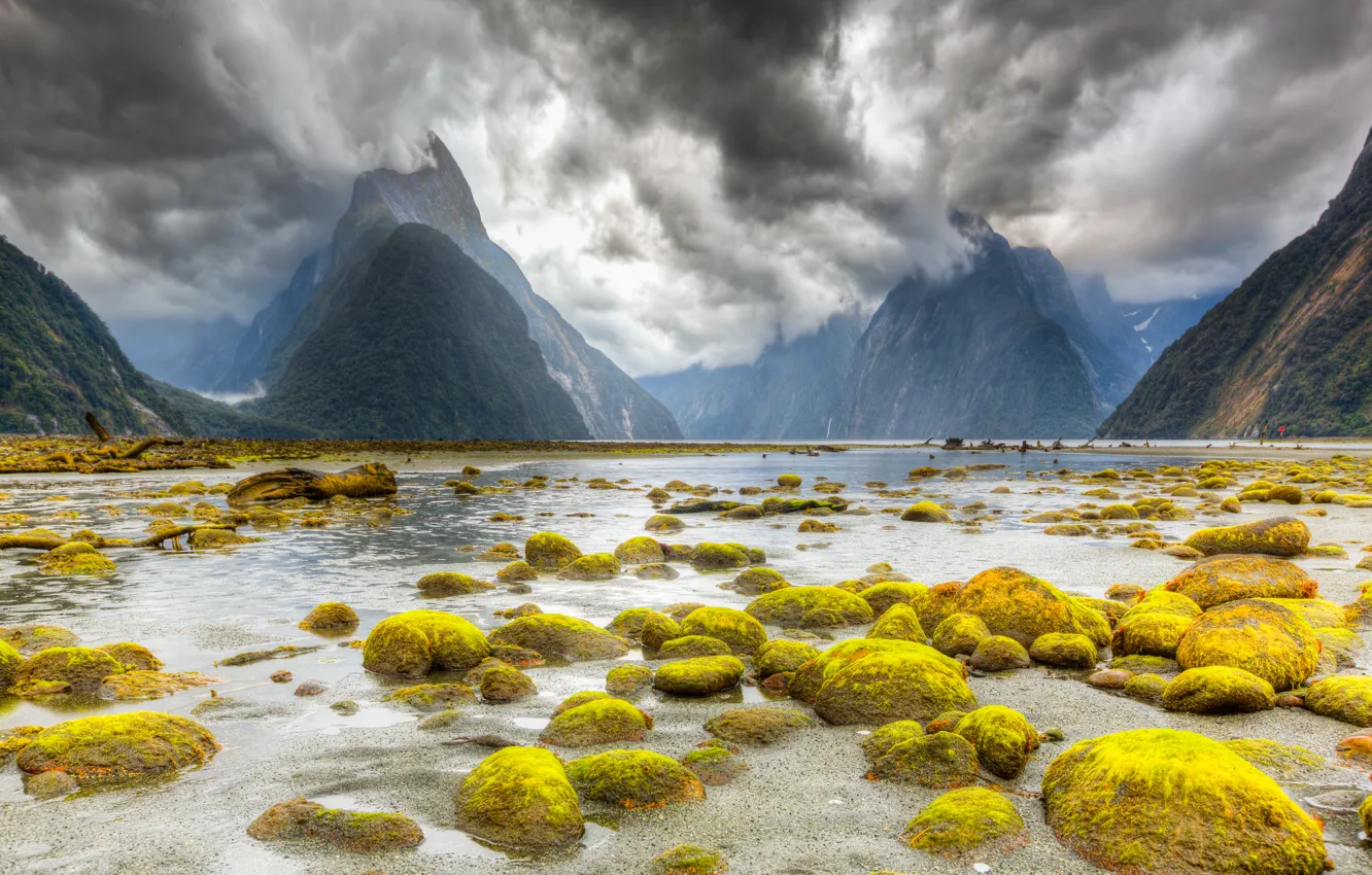 Фото обои облака, горы, камни, Новая Зеландия, слизь, фьорд, Южный остров, Милфорд Саунд