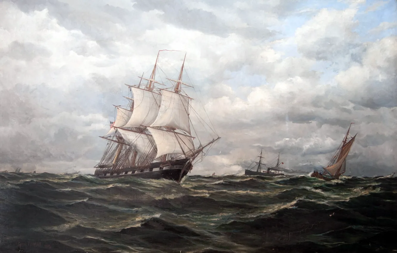 Фото обои масло, картина, художник, холст, Отто Людвиг Ричард, &ampquot;Корабли на море&ampquot;