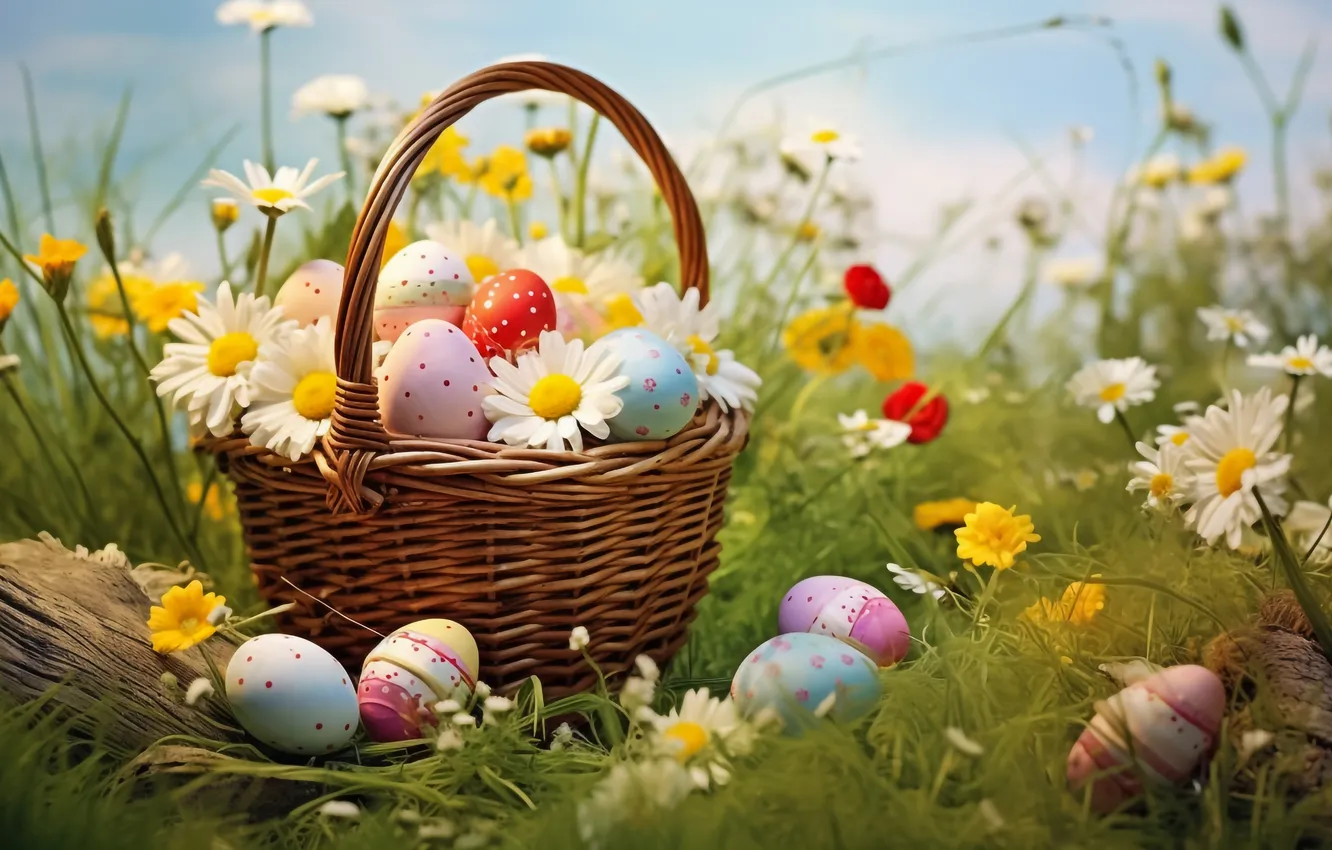 Фото обои цветы, корзина, поляна, яйца, весна, colorful, Пасха, happy