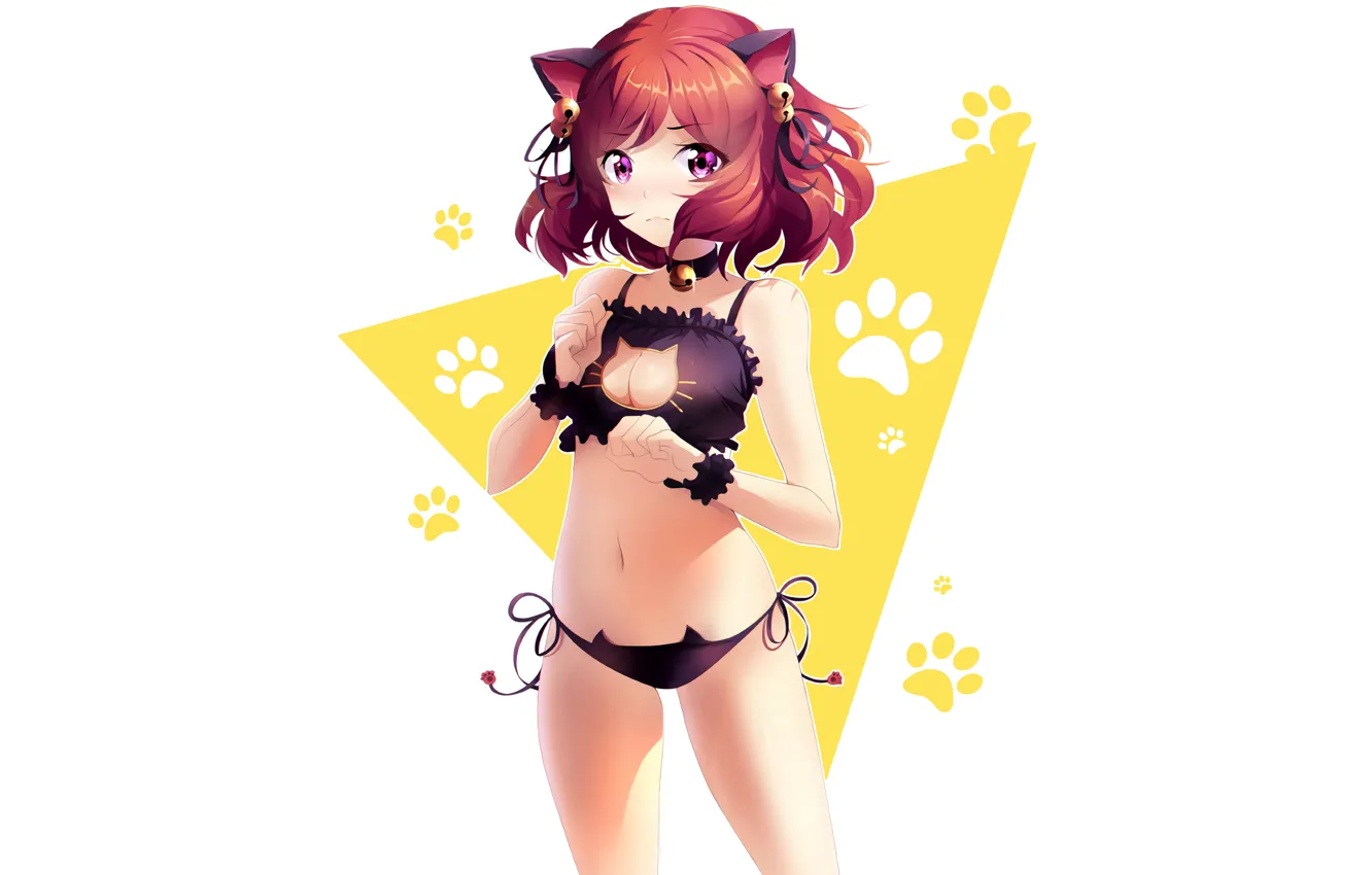 Фото обои girl, sexy, cleavage, red hair, boobs, animal ears, anime, beautiful
