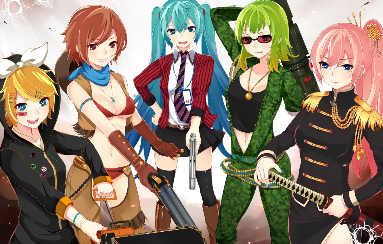Фото обои пистолет, оружие, девушки, катана, арт, vocaloid, hatsune miku, megurine luka