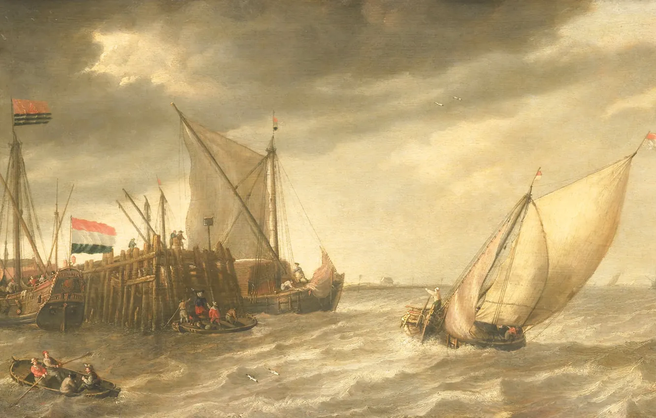 Фото обои масло, картина, 1652, Bonaventura Peeters, Корабли в Доке, Бонавентура Питерс