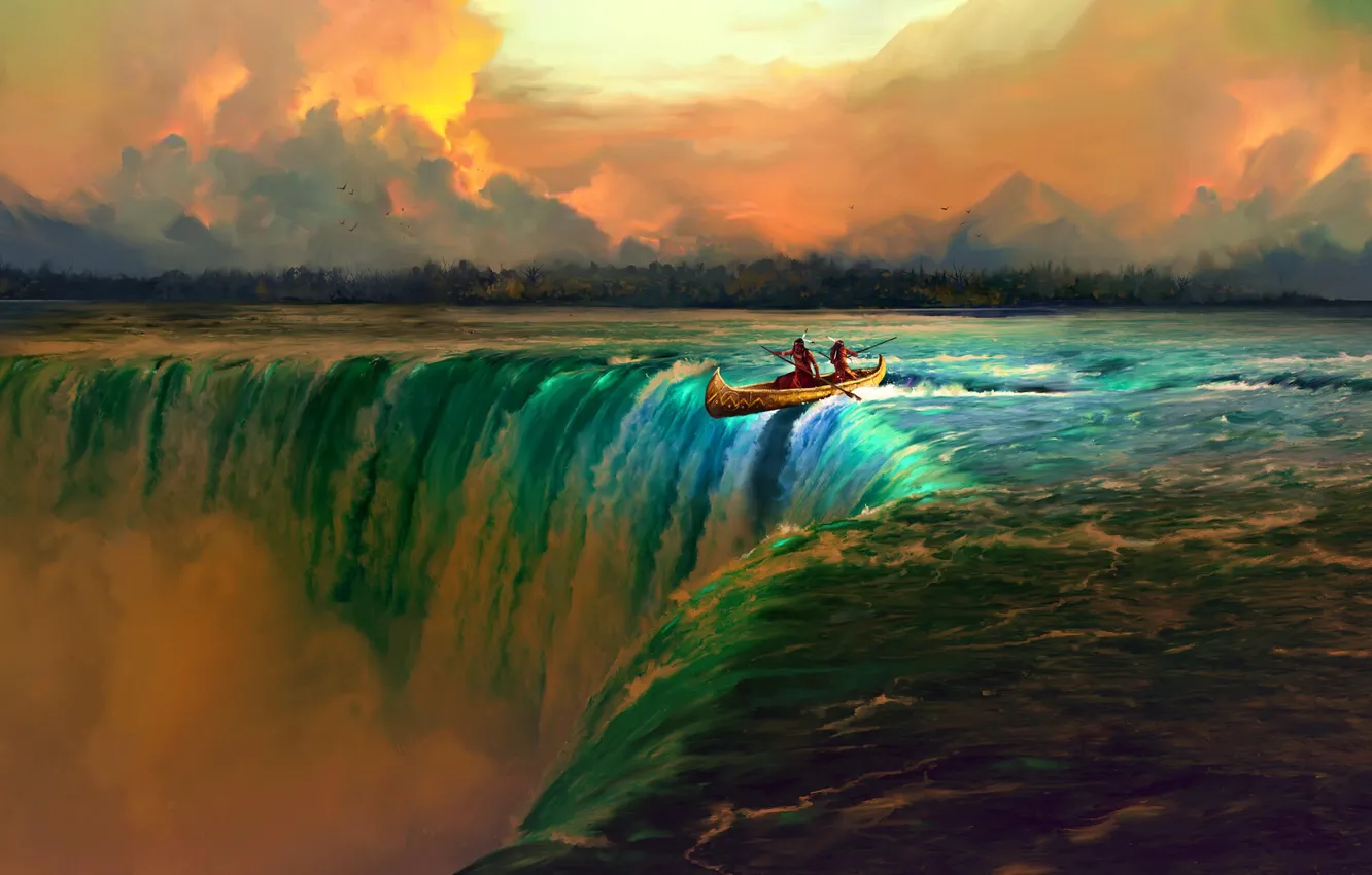 Фото обои Вода, Водопад, Река, Индейцы, Пейзаж, Падение, Concept Art, Characters