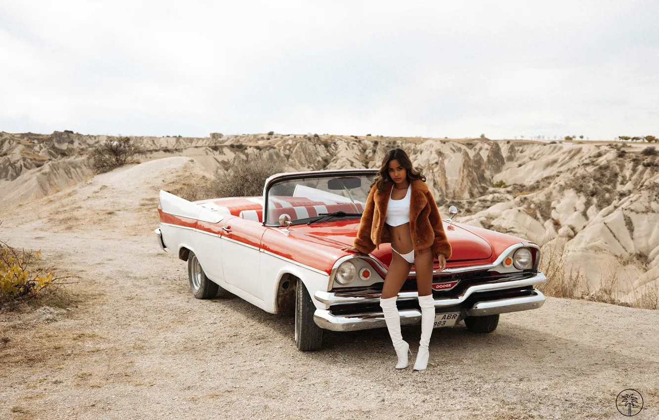 Фото обои car, girl, sexy, model, boots, fur coat