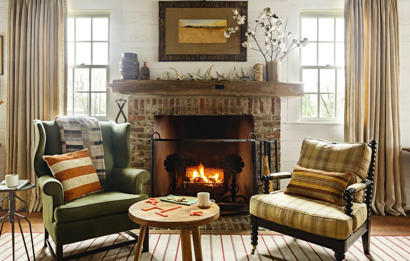 Фото обои дизайн, стиль, тепло, интерьер, кресла, камин, гостиная, уютно