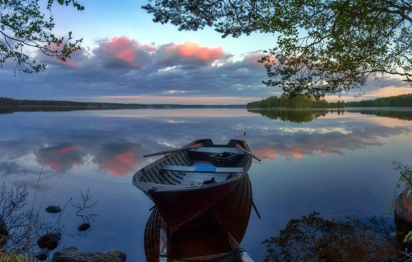 Фото обои озеро, лодка, Финляндия