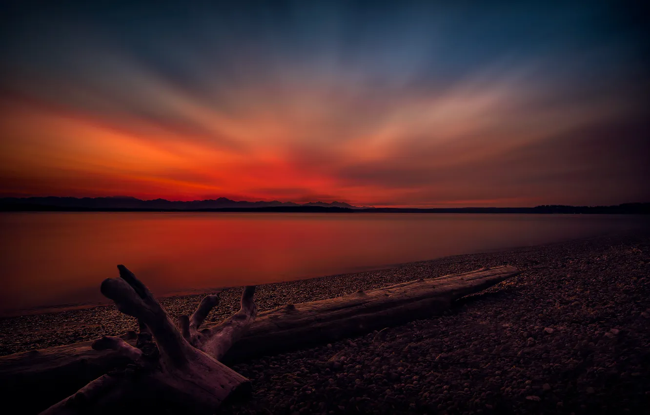 Фото обои небо, берег, вечер, бревно