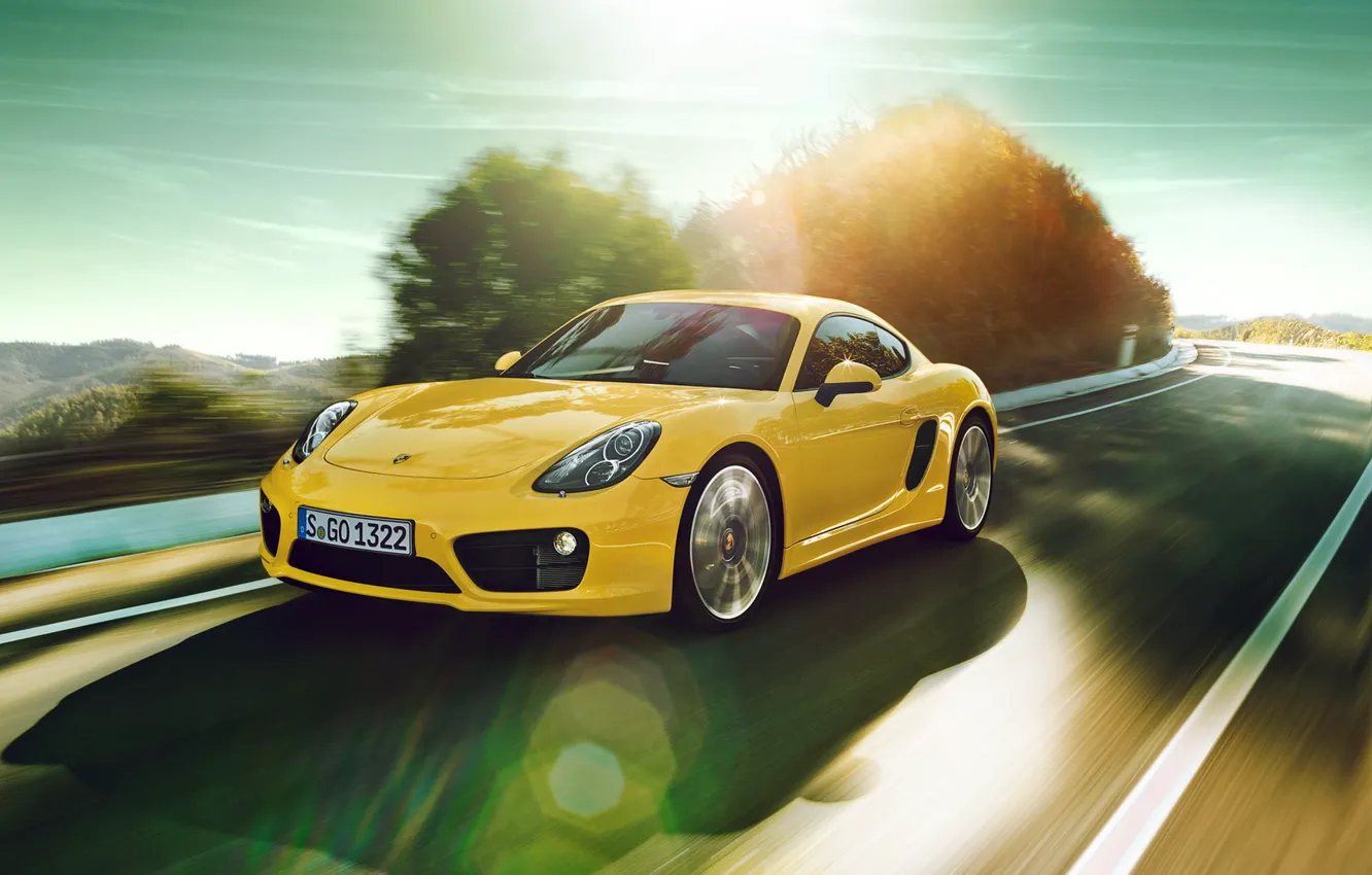 Фото обои дорога, car, порше, в движении, автообои, porsche cayman