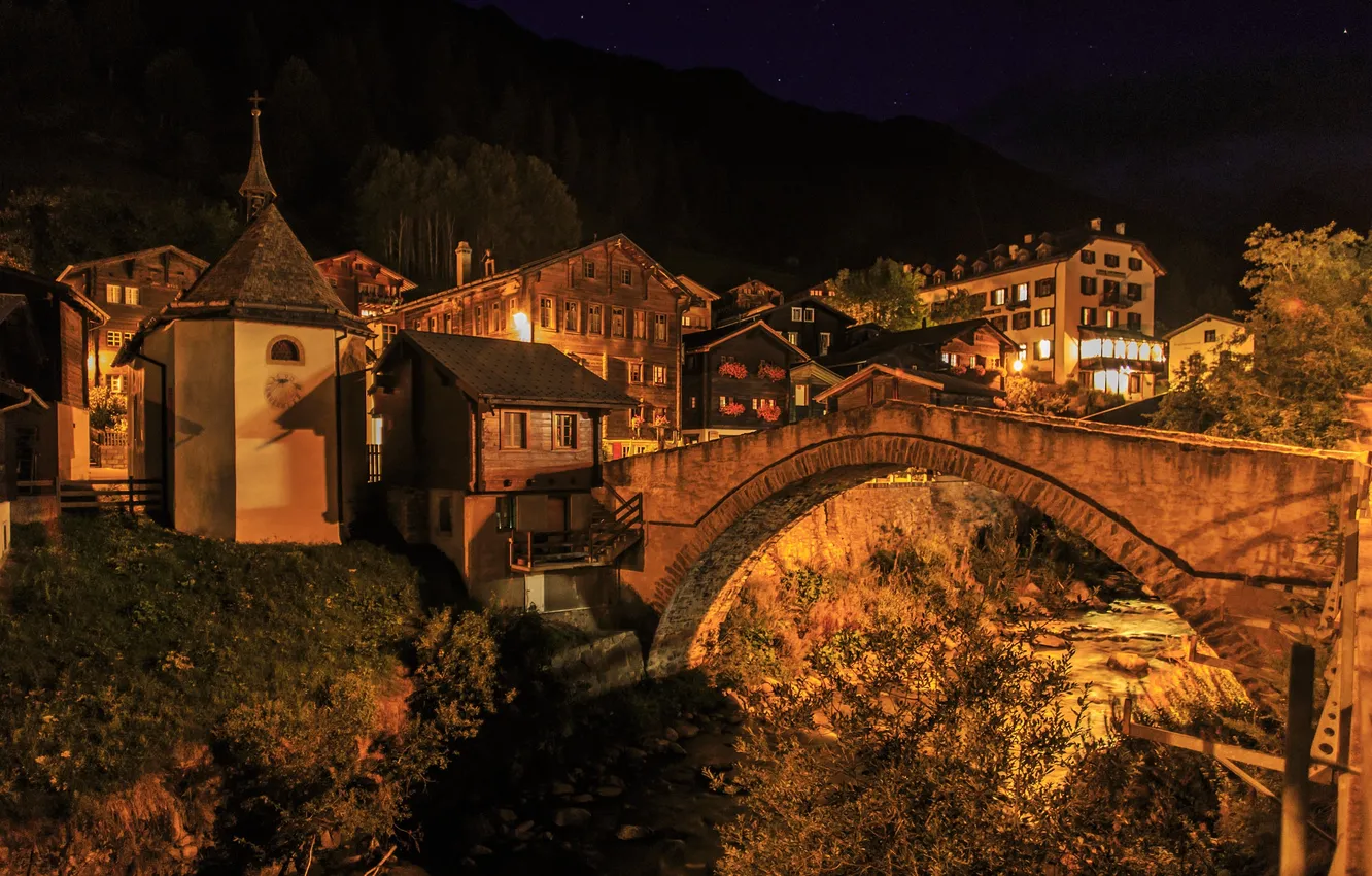 Фото обои ночь, мост, огни, дома, Швейцария, Бинн