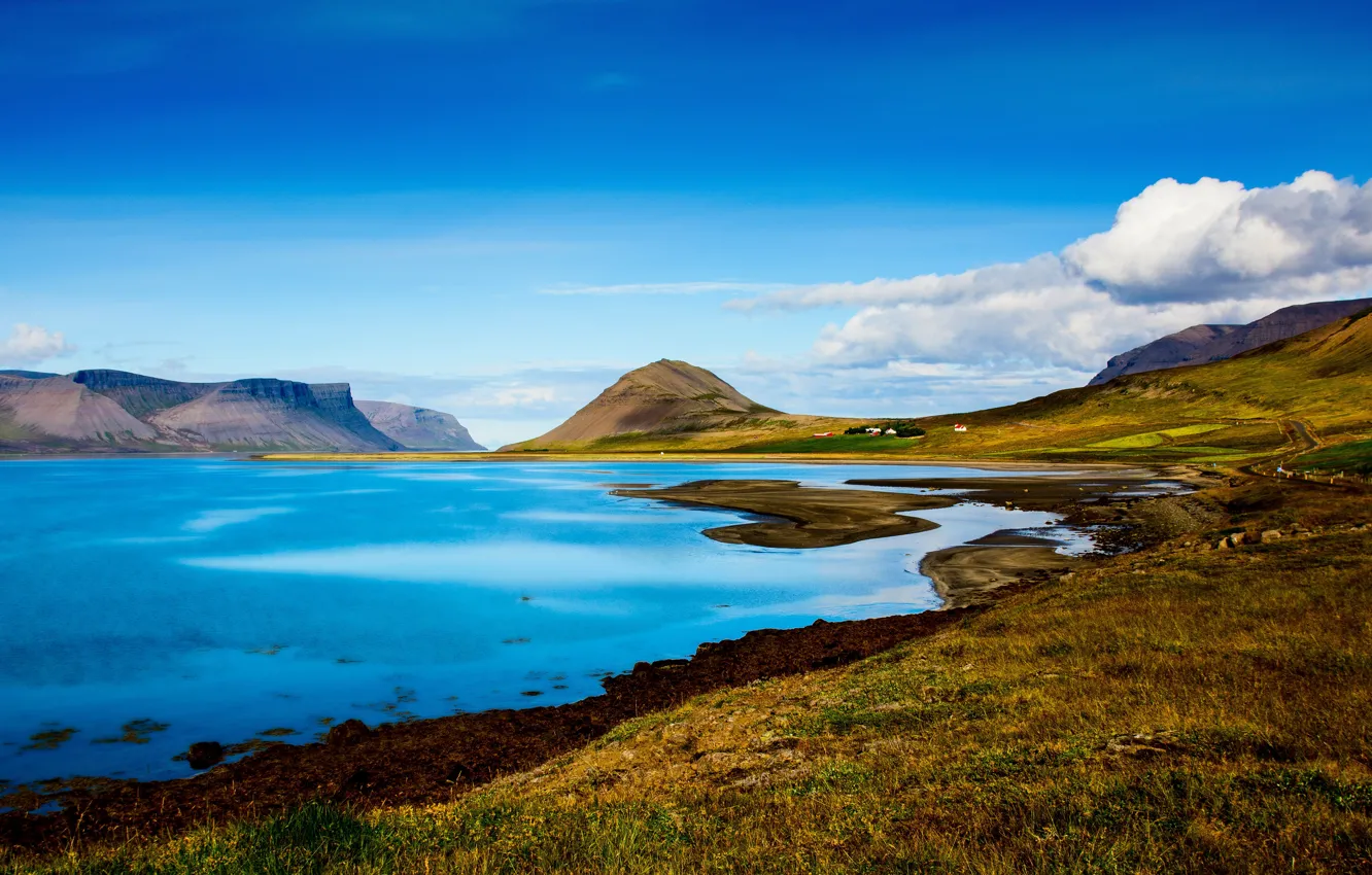 Фото обои landscape, beautiful, mountains, lake, sunny day, iceland lake